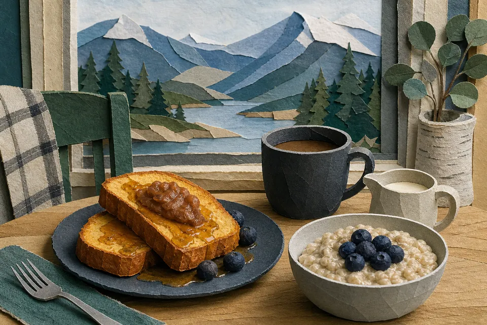 Illustration of fried bread with apple butter, berry porridge and coffee by a mountain window
