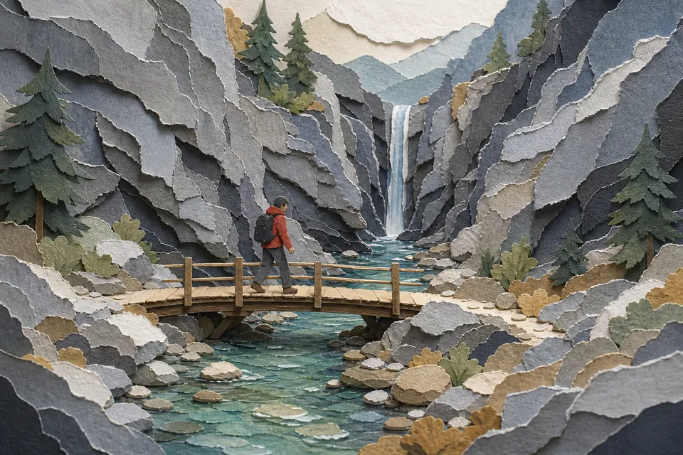 Illustration of a hiker crossing a wooden footbridge in a narrow creek canyon