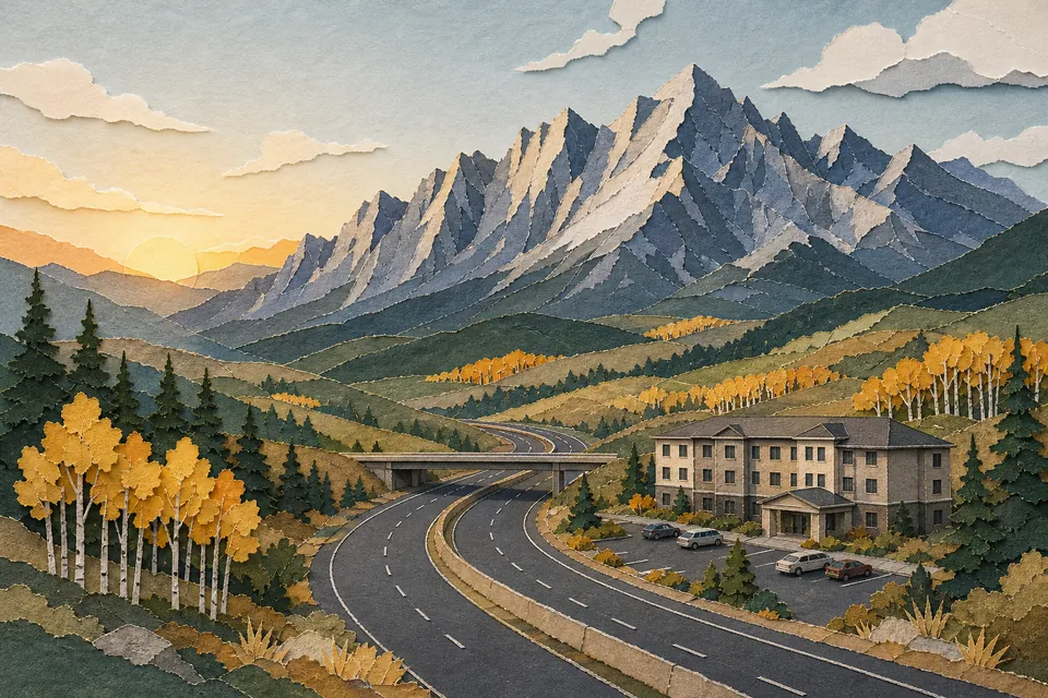 Illustration of mountains above a highway and a low hotel building in the foothills at sunrise