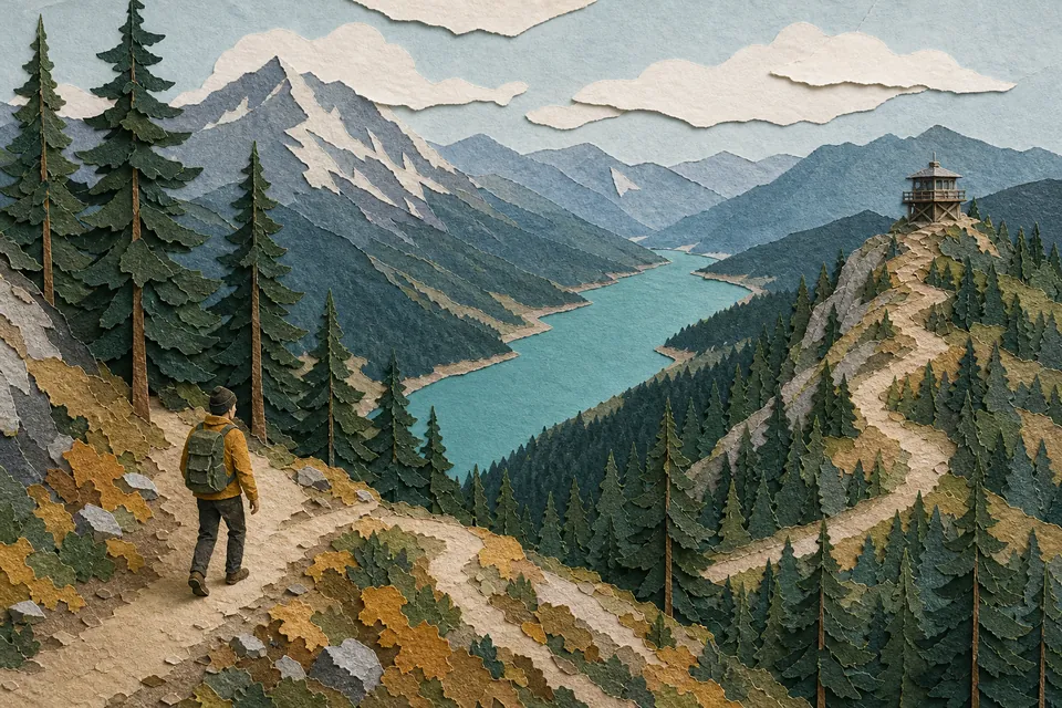 Illustration of a hiker on a switchback trail above a long turquoise lake with a fire lookout on the ridge