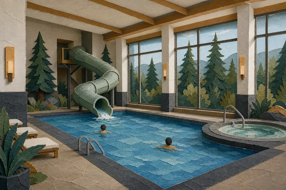 Illustration of an indoor pool with an enclosed waterslide and a round hot tub