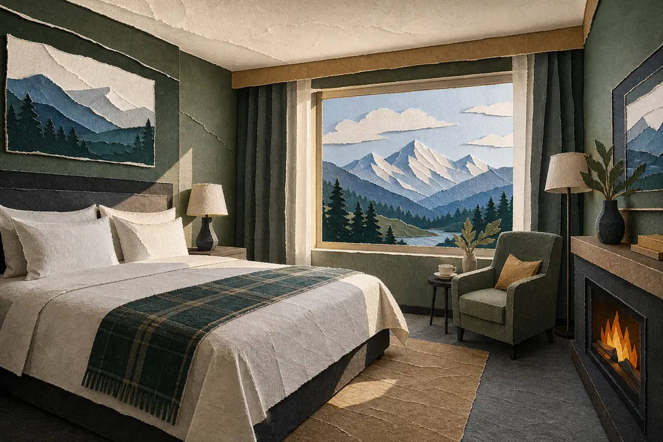 Illustration of a hotel suite with an electric fireplace and a mountain window