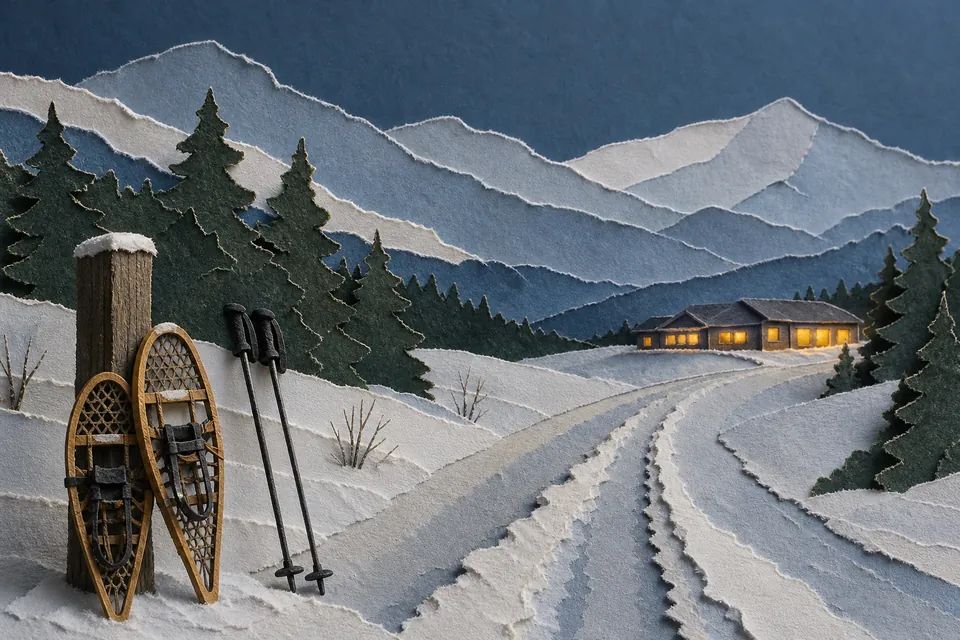 Illustration of snowshoes and poles leaning on a post beside a snowy foothills road at dusk